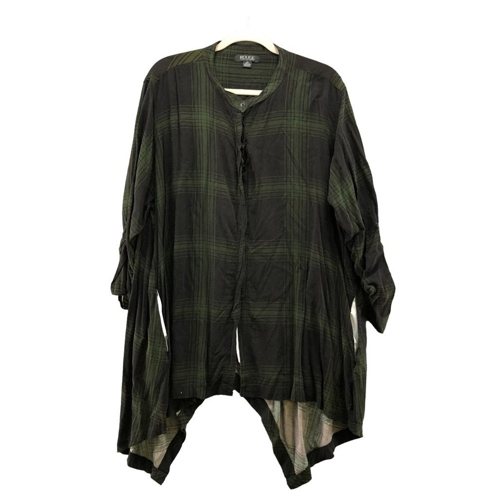 Rouge Collection Womens Long Sleeve Green Plaid Tunic Button‎ Up Shacket 3X